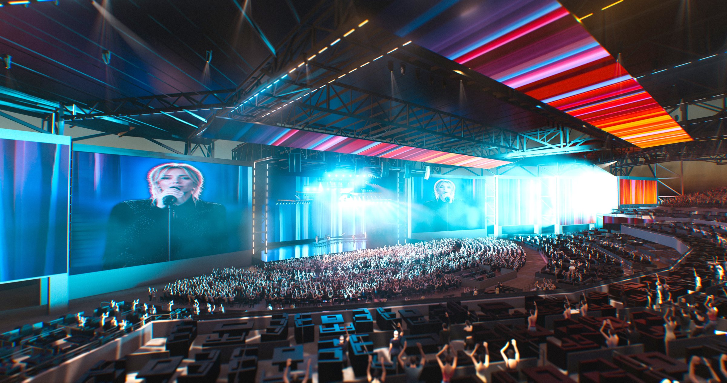 Concept rendering of a VENU amphitheater — LED ribbon canopy, immersive audio arrays, and a full crowd during a live performance